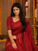 Orange Handloom Cotton Saree with purple temple triangle border and plain pallu - Image 2