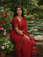 Orange Handloom Cotton Saree with purple temple triangle border and plain pallu