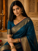Peacock Blue Gadwal Cotton Saree with Rich Pink Pallu and Blouse