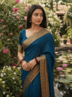 Peacock Blue Gadwal Cotton Saree with Rich Pink Pallu and Blouse - Image 2
