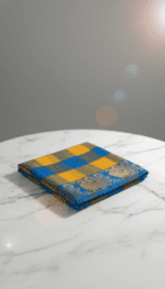 Royal Blue and Mustard Checks Handloom Cotton Saree with peacock border and plain pallu. - Image 2