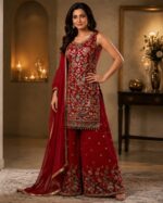 Wine Red Embroidered Kurta Palazzo Set with Dupatta - Image 2