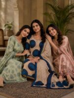 Ivory with indigo blue circular motifs cotton salwar suit with dupatta