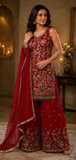 Wine Red Embroidered Kurta Palazzo Set with Dupatta