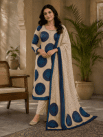 Ivory with indigo blue circular motifs cotton salwar suit with dupatta - Image 5