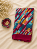 Multicolored Powder Crepe Saree with Magenta Border