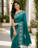 Teal Green Embroidered Khadi Saree