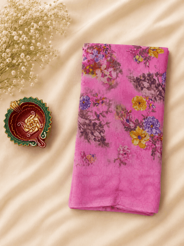 cropped-file_00000000cf8c820ba1c4fc623ec5bdc0.png Pink Floral Printed Powder Crepe Saree - Image 1