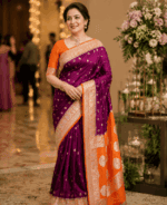 Deep Purple Banarasi Katan Georgette Saree with Orange Pallu