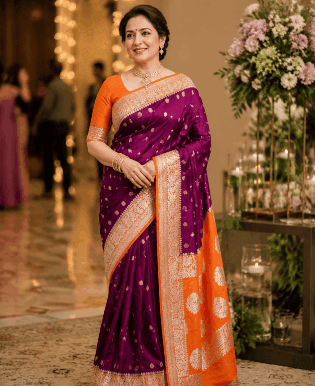 cropped-file_00000000e30072069fcacd2e275ae57d.png Deep Purple Banarasi Katan Georgette Saree with Orange Pallu - Image 1