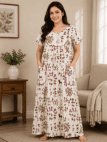 Light Cream printed cotton nighty