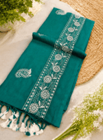 Teal Green Embroidered Khadi Saree - Image 3