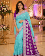 Aqua blue banarasi katan georgette saree with rich magenta border and blouse - Image 3