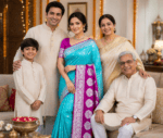 Aqua blue banarasi katan georgette saree with rich magenta border and blouse - Image 2