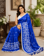 Royal Blue Embroidered Khadi Saree - Image 2