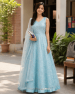 Powder Blue Anarkali Gown Set with Dupatta - Image 3