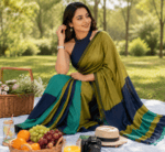 Olive Green and Navy Blue Khadi Saree - Image 2