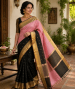 Black and Pastel Pink Banarasi Saree with rich border - Image 4