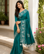 Teal Green Embroidered Khadi Saree - Image 2
