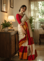 Off White and Dual Tone Red Khadi Saree - Image 2