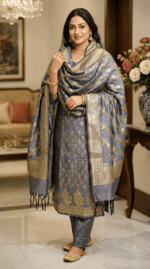 Steel Grey Banarasi Katan Semi Silk Unstitched Salwar Suit Material - Image 4