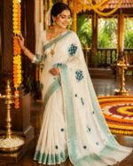 Off White Cotton Saree with floral embroidery - Image 2