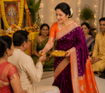 Deep Purple Banarasi Katan Georgette Saree with Orange Pallu - Image 4