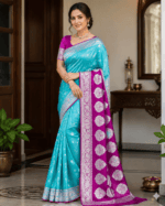 Aqua blue banarasi katan georgette saree with rich magenta border and blouse - Image 4