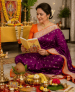 Deep Purple Banarasi Katan Georgette Saree with Orange Pallu - Image 2