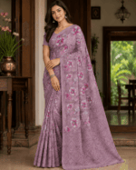 Mauvish Pink Powder Crepe Saree - Image 2