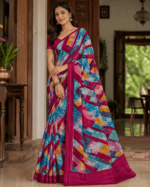 Multicolored Powder Crepe Saree with Magenta Border - Image 2