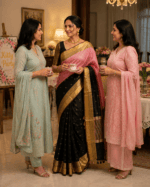 Black and Pastel Pink Banarasi Saree with rich border - Image 2