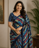Navy Blue Powder Crepe Saree - Image 2