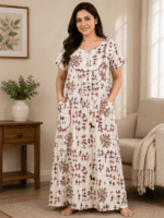 Light Cream printed cotton nighty - Image 2