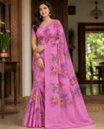 Pink Floral Printed Powder Crepe Saree - Image 2