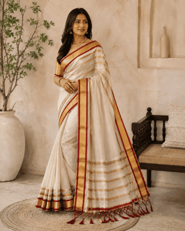 cropped-file_00000000537c8211928b4f0be9b23d7b-1.png A timeless cream and gold tissue saree with bright red detailing - Image 1