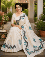 Elegant Off-White Cotton Saree with Teal Floral Prints & Black Designer Border