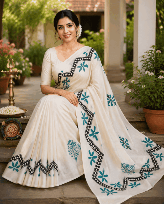 cropped-file_0000000061a482078850e1410b038b64.png Elegant Off-White Cotton Saree with Teal Floral Prints & Black Designer Border - Image 1