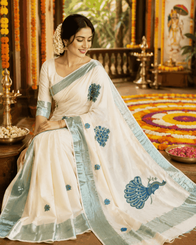 cropped-file_0000000081708211a8dbe4a761f0fc84.png Off White Cotton Saree with Pastel Mint Green peacock embroidery - Image 1