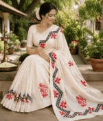 Off-White Cotton Saree with Red Floral Prints & Black Designer Border