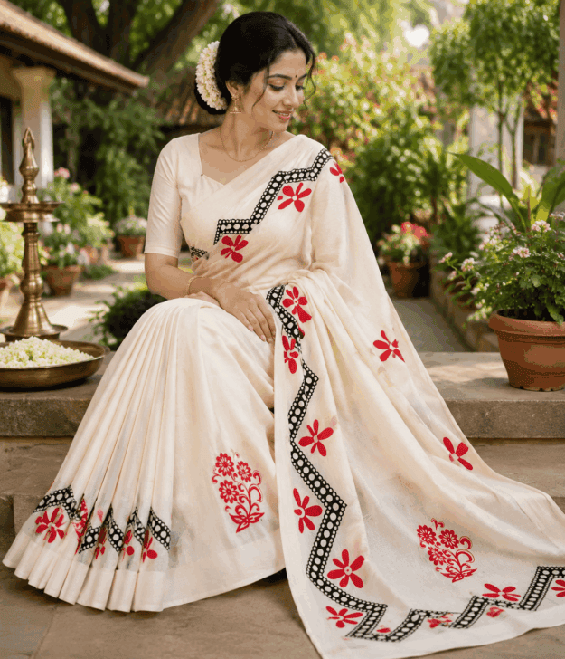 cropped-file_0000000082c482118248dea4dcdd0d38.png Off-White Cotton Saree with Red Floral Prints & Black Designer Border - Image 1