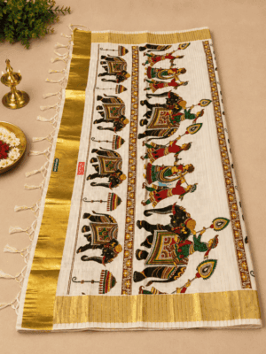 Off white tissue saree with kalamkari inspired motifs