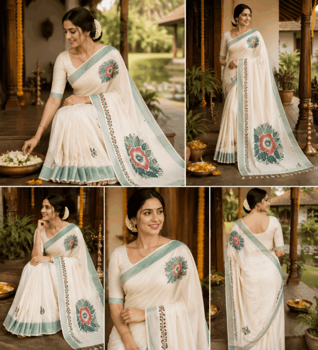 cropped-file_00000000ab50821187896ba3fb34b2ba-1.png Elegant Off-White Cotton Saree with Mint Green Border & Floral Prints - Image 1
