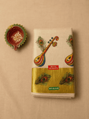 Cream Printed Tissue Saree with Veena & Peacock Feather Motifs