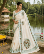 Off-White Cotton Saree with Mint Green Border & Artistic Paisley Prints
