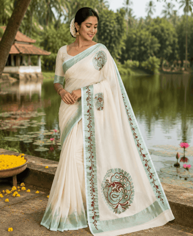 cropped-file_00000000fe84820bb7b8638864a7fd1f.png Off-White Cotton Saree with Mint Green Border & Artistic Paisley Prints - Image 1