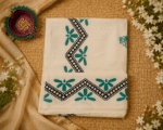 Elegant Off-White Cotton Saree with Teal Floral Prints & Black Designer Border - Image 3