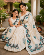 Elegant Off-White Cotton Saree with Teal Floral Prints & Black Designer Border - Image 4