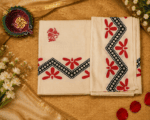 Off-White Cotton Saree with Red Floral Prints & Black Designer Border - Image 3