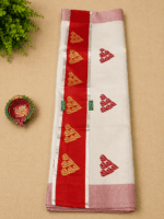 Cream & Red Tissue Saree with Leaf Motif Design - Image 2